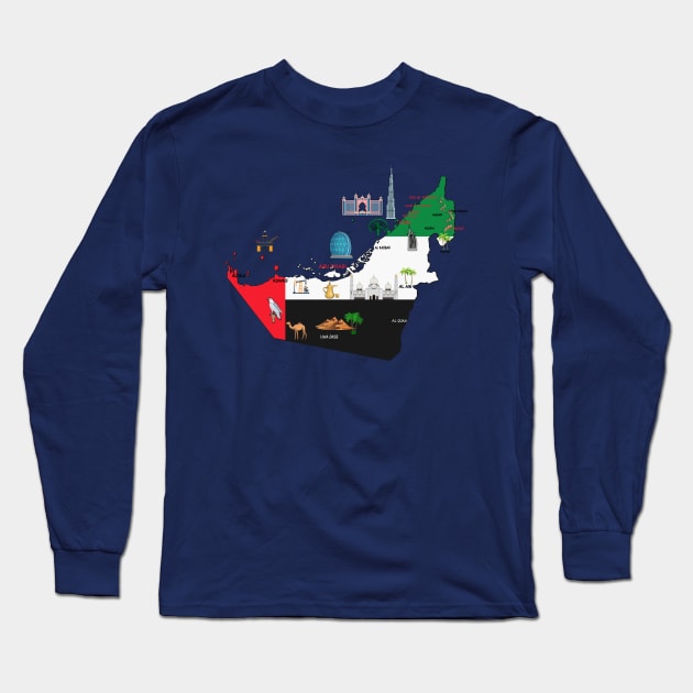 United Arab Emirates map and flag , major cities names UAE national symbols and landmarks Long Sleeve T-Shirt by Mashmosh